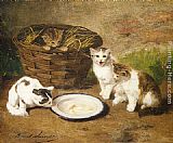 Kittens Canvas Paintings - Kittens by a Bowl of Milk